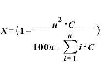 \displaystyle \bm{X}=\bm{(}\bm{1}-\frac{\bm{n}^{\bm{2}}\text{・}\bm{C}}{\bm{1}\bm{0}\bm{0}\bm{n}+\sum_{\bm{i}=\bm{1}}^{\bm{n}}\bm{i}\text{・}\bm{C}}\bm{)}