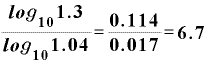 \displaystyle \frac{\bm{l}\bm{o}\bm{g}_{\bm{1}\bm{0}}\bm{1}\bm{.}\bm{3}}{\bm{l}\bm{o}\bm{g}_{\bm{1}\bm{0}}\bm{1}\bm{.}\bm{0}\bm{4}}=\frac{\bm{0}\bm{.}\bm{1}\bm{1}\bm{4}}{\bm{0}\bm{.}\bm{0}\bm{1}\bm{7}}=\bm{6}\bm{.}\bm{7}