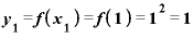 \bm{y}_{\bm{1}}=\bm{f}\bm{(}\bm{x}_{\bm{1}}\bm{)}=\bm{f}\bm{(}\bm{1}\bm{)}=\bm{1}^{\bm{2}}=\bm{1}